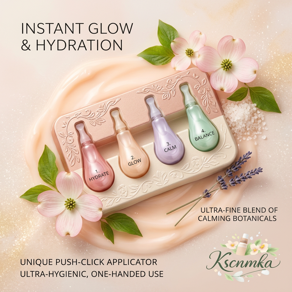 Kscnmka™ 4-Step Botanical Skincare Treatment Set - Hydrating & Glowing Face Serum Ampoules with Calming Lavender Extract - Unique Push-Click Hygienic Applicator for Instant Radiance, Skin Soothing & Barrier Balance